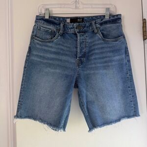 Kut from the Kloth Margot High Rise Long Shorts Blue Denim Raw Hem Size 8